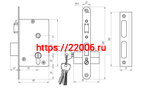 Замок Zenit (Зенит) врезной цилиндровый с защёлкой в комплекте с ручкой ЗВ4-3.07 (бронза), 4 кл. фото 2