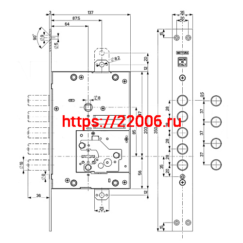 Замок Mottura (Моттура) врезной сувальдный 52.J525M-S MyKey (левый), ключ 60 мм, без накл. фото 3