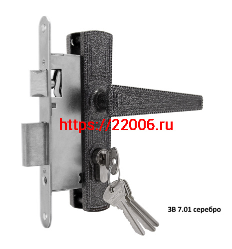 Замок Omega (Омега) врезной цилиндровый с защёлкой в комплекте с ручкой ЗВ7.01 (серебро), 4 кл.
