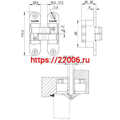 Петля Armadillo (Армадилло) скрытой установки U3D6200L AB левая (Architect 3D-ACH 60) бронза 60 кг фото 4