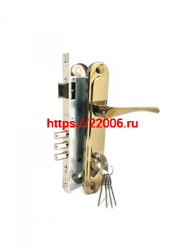 Замок Zenit (Зенит) врезной цилиндровый с защёлкой в комплекте с ручкой ЗВ4-85.3 (золото лак), 5 кл.