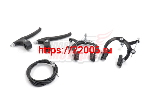 Тормоз ручной клещевой металлический с тросами (набор передний + задний+ пластиковые ручки+колодки)