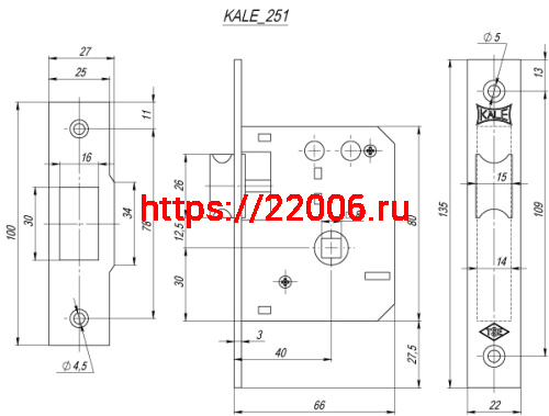Защелка Kale kilit (Кале килит) врезная 251/R (40 mm) (латунь) фото 3