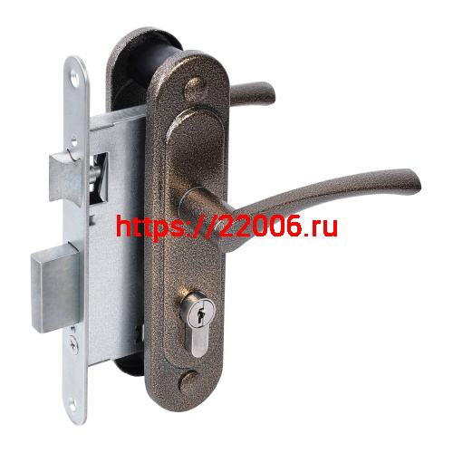 Замок Absolyute (Абсолют) врезной цилиндровый с защёлкой в комплекте с ручкой ЗВ4-3/07 (бронза антик), 4 кл.