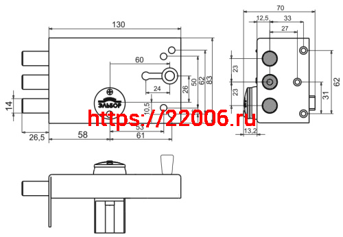Замок Elbor (Эльбор) накладной Лазурит 1.02.61.КМА никель, сув., 2 риг., задв.-затв., зап. кор., мед. антик /40061/ фото 3
