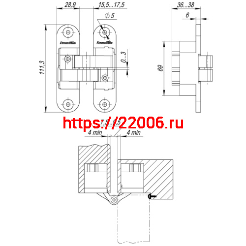 Петля Armadillo (Армадилло) скрытой установки U3D6200R SG правая (Architect 3D-ACH 60) мат. золото 60 кг фото 4