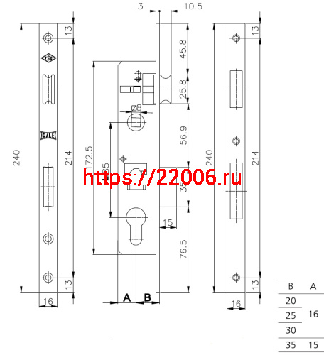 Корпус Kale kilit (Кале килит) узкопрофильного замка с защёлкой 153/P (35 mm) w/b (хром) фото 3