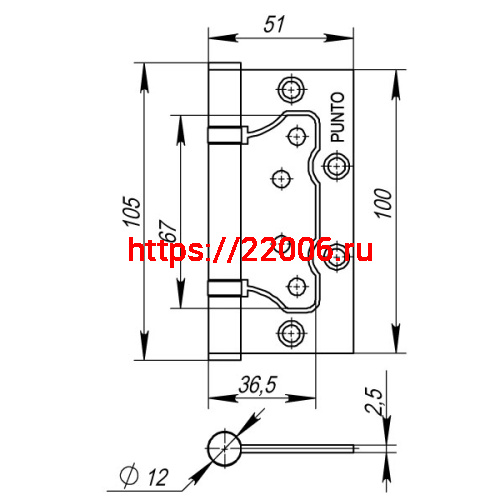 Петля Punto (Пунто) универсальная без врезки IN4200W-HD PB (200-2B/HD 100x2,5) латунь фото 3