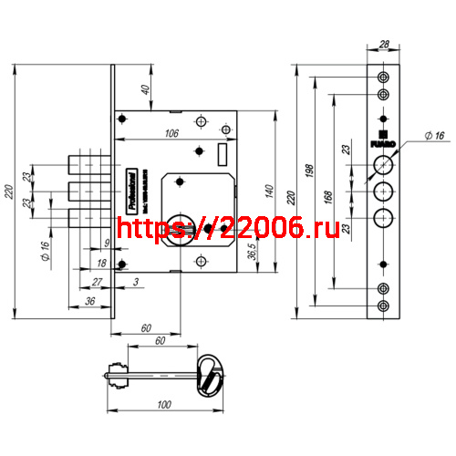 Замок Fuaro (Фуаро) врезной сувальдный MDV25/S-60.00.3R16 5key (5 ключей) фото 2