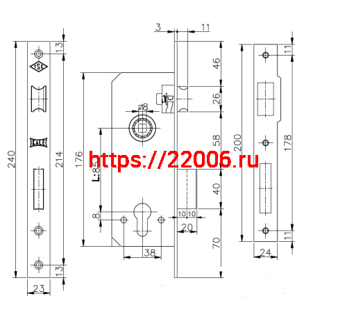 Корпус Kale kilit (Кале килит) врезного замка с защёлкой 152/R (60 mm) w/b (латунь) фото 3