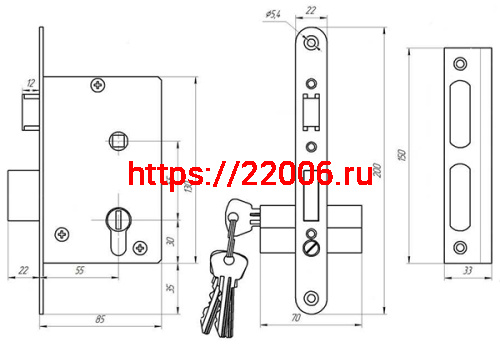 Замок Zenit (Зенит) врезной цилиндровый с защёлкой в комплекте с ручкой ЗВ4-3.01 (бронза), 4 кл. фото 2