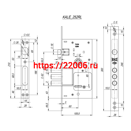 Замок Kale kilit (Кале килит) врезной сувальдный с защёлкой 252/RL, 5 кл. (кл. 60 мм) фото 3