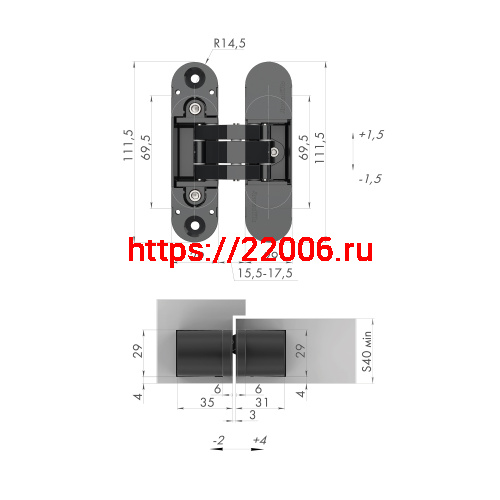 Петля Armadillo (Армадилло) скрытой установки U3D6000 AB (11160UN3D) бронза фото 3