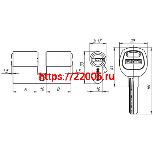 Цилиндровый Punto (Пунто) механизм (A200/80) A2000Key80(35+10+35) SN никель фото 3