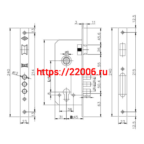 Корпус Kale kilit (Кале килит) врезного замка с защёлкой 152/3MR (45 mm) w/b (латунь) фото 3