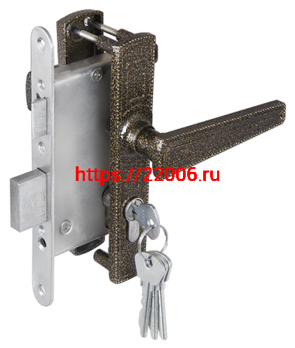 Замок Zenit (Зенит) врезной цилиндровый с защёлкой в комплекте с ручкой ЗВ4-3.01 (бронза), 4 кл.