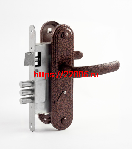 Замок Omega (Омега) врезной сувальдный с защёлкой в комплекте с ручкой ЗВ9.1-02 (медь), 3 кл.