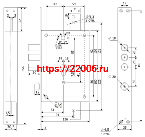 Корпус Guardian (Гардиан) врезного замка с защёлкой ЗВ 22.12 с тягами (без планки) /123:131/ фото 2