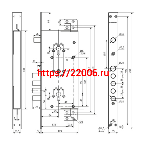 Замок Guardian (Гардиан) врезной двухсистемный ЗВ 75.16 Т с тягами (без защиты, с торцевой планкой) /128:7293/ фото 2
