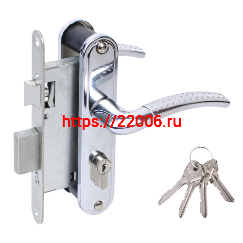 Замок Omega (Омега) врезной цилиндровый с защёлкой в комплекте с ручкой ЗВ4-55.27 (хром), 4 кл.