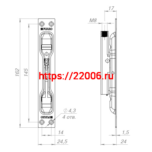 Задвижка Fuaro (Фуаро) торцевая RIGEL-body/160 (TDB 160-24) без ригеля в комплекте фото 2