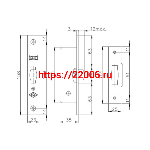 Защелка Kale kilit (Кале килит) врезная ролик 155/B (35 mm) (никель) фото 3