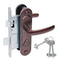 Замок Absolyute (Абсолют) врезной сувальдный с защёлкой в комплекте с ручкой ЗВ9.2-08 (медь антик), 3 кл.