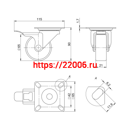 Опора Ajax (Аякс) колесная со стопором и площадкой WL/B-60R/50 kg (brake) резина фото 2