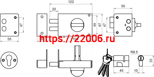 Замок Omega (Омега) накладной цилиндровый ЗН1 2Р серебро фото 2