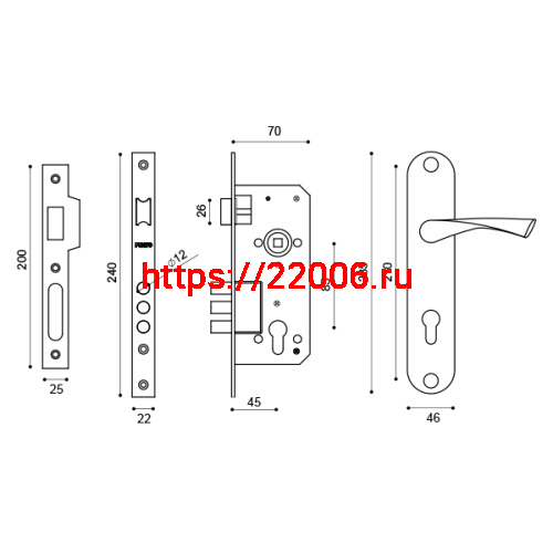 Замок Punto (Пунто) цилиндровый в комплекте с ручкой LOCKSET90.CRONA.4585-3 (KIT P90 4585/3 CRONA) AB бронза фото 3
