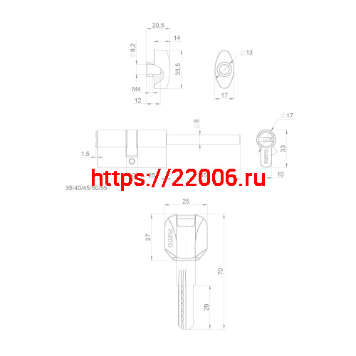 Цилиндровый Punto (Пунто) механизм (Z407/90) Z4007Tang90(55+10+25) со штоком CP хром фото 4