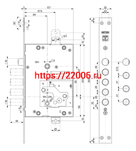 Замок Mottura (Моттура) врезной сувальдный с защёлкой 52.J535M-S MyKey (левый), ключ 60 мм, без накл. фото 3