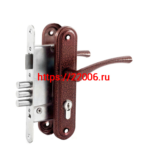 Замок Omega (Омега) врезной цилиндровый с защёлкой в комплекте с ручкой ЗВ4.2-01 (медь), 3 кл.