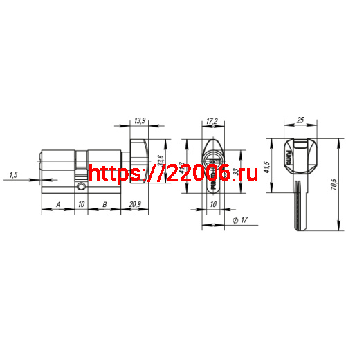 Цилиндровый Punto (Пунто) механизм (Z402/90) Z4002Knob90(40+10+40) с вертушкой PB латунь фото 3