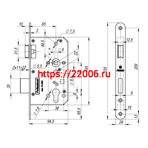 Корпус Fuaro (Фуаро) врезного замка c защёлкой FP.C-65.72-0434 (FL-0434) фото 3