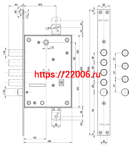 Замок Mottura (Моттура) врезной сувальдный с защёлкой 52.771, ключ 60 мм, без накл. фото 3