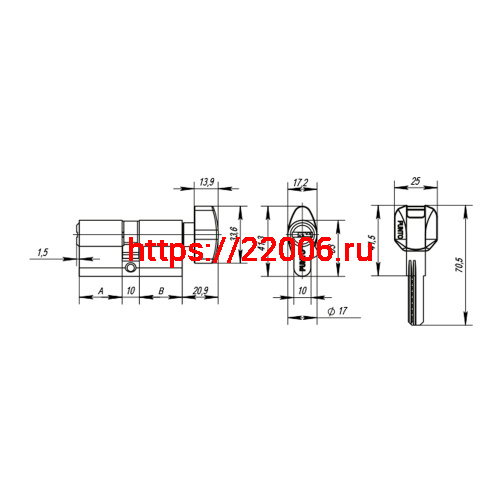 Цилиндровый Punto (Пунто) механизм MaxPro7002Knob70mm(25+10+35) SN никель 7key с вертушкой фото 4