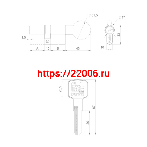 Цилиндровый Punto (Пунто) механизм Z3002Knob100(50+10+40) с вертушкой CP хром фото 3
