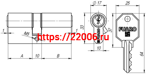 Цилиндровый Fuaro (Фуаро) механизм 100 CA 75 mm (30+10+35) PB латунь 3 кл. фото 2